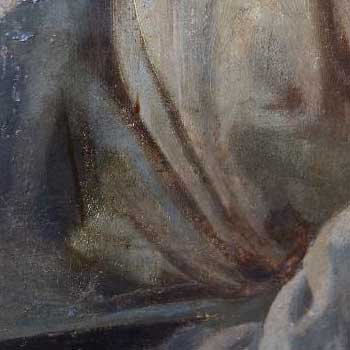 Une importante déchirure avant restauration, après l’enlèvement des repeints et le masticage puis après retouche