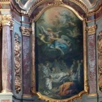 Le choeur de l’église Saint Nicolas à Toulouse après la restauration des trois tableaux de Despax par notre atelier : la Déploration de Saint Nicolas (2019), L’assomption de la Vierge (2017), L’Ordination de Saint Nicolas (2018)
Le Christ avant puis après le dégagement d’épais repeints recouvrant tout le haut du tableau.