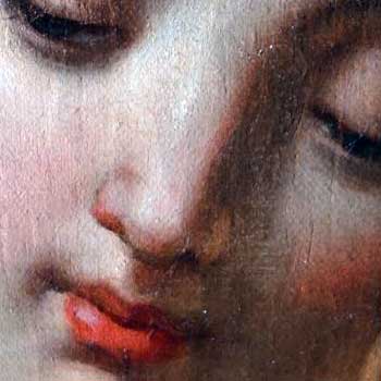 Une zone du tableau avant intervention, après amincissement des vernis et vernissage puis après retouche.