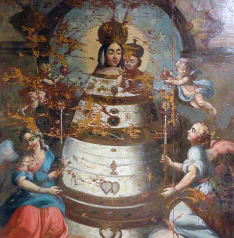  La Vierge au tonneau après nettoyage, masticage et vernissage. Les principales lacunes de couche picturale ont été pré-retouchées à l’acrylique. 