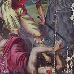 Panneau latéral senestre, avant, après enlèvement des vernis et des repeints, après retouche