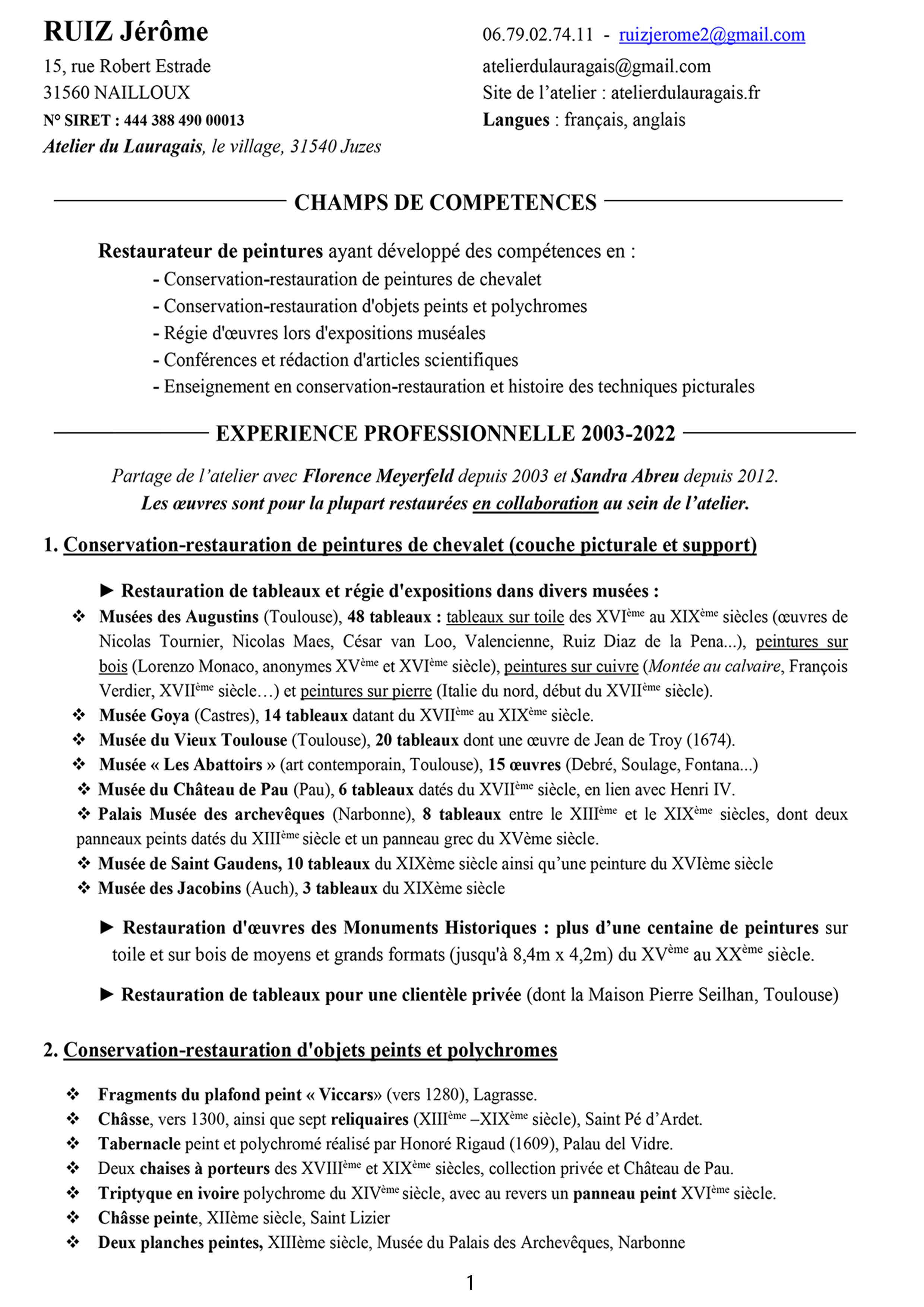 cv Jérôme Ruiz, Restaurateur de peintures, atelier du Lauragais
