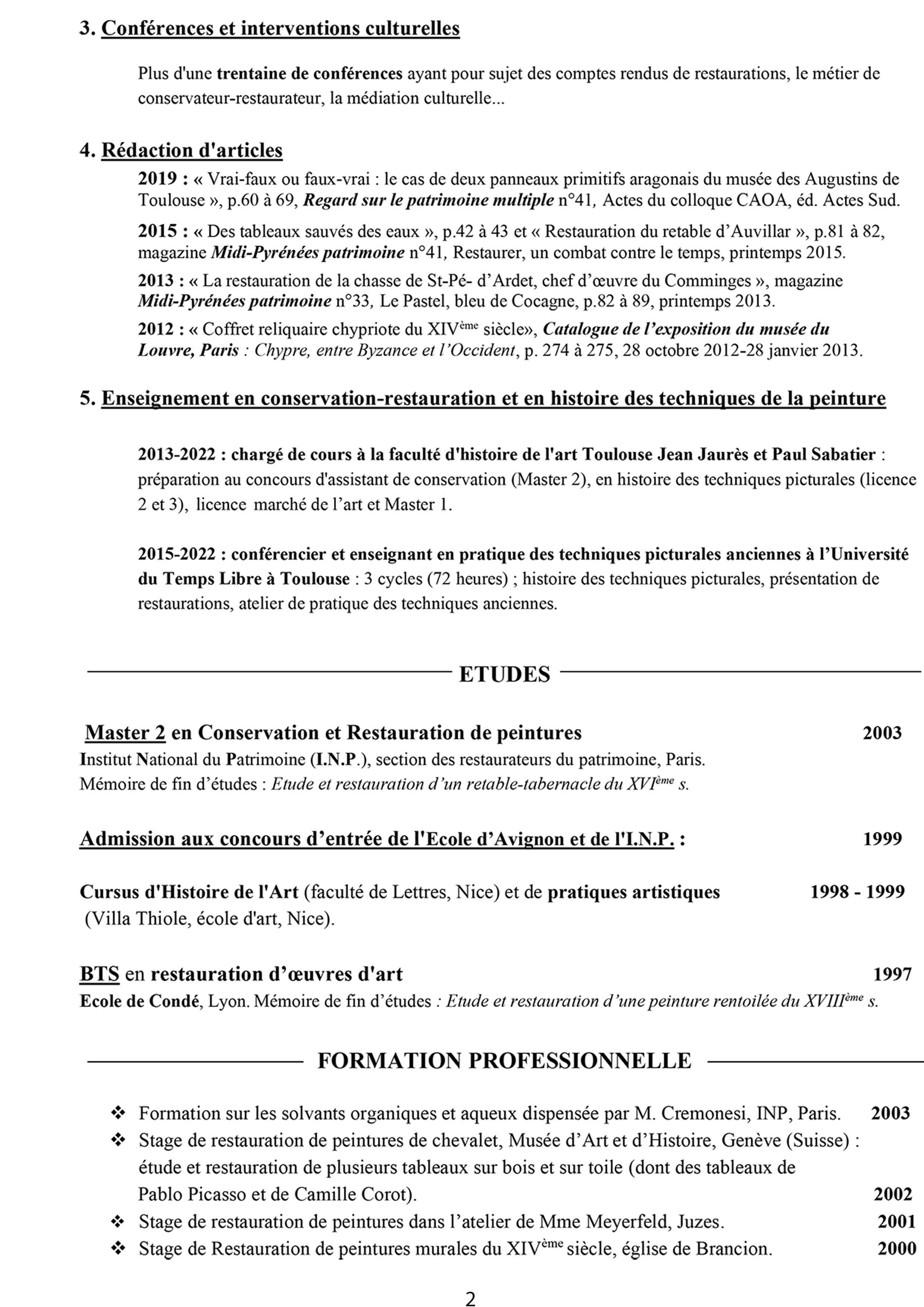 cv Jérôme Ruiz, Restaurateur de peintures, atelier du Lauragais