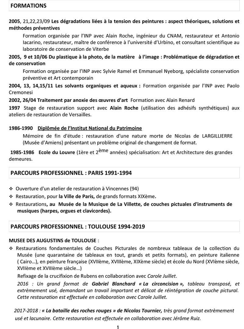 cv Florence Meyerfeld, restauration peintures, atelier du Lauragais