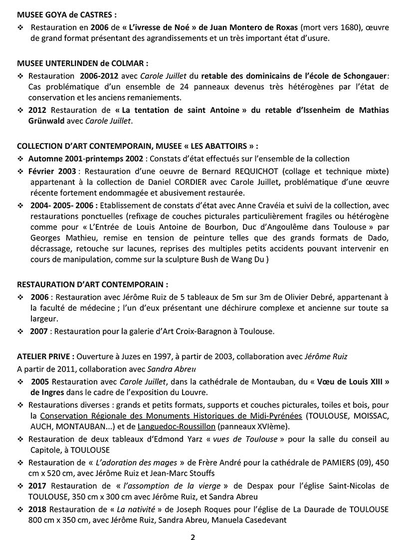 cv Florence Meyerfeld, restauration peintures, atelier du Lauragais