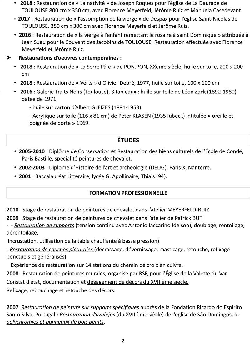 cv Sandra Abreu, Restauratrice de peintures, atelier du Lauragais